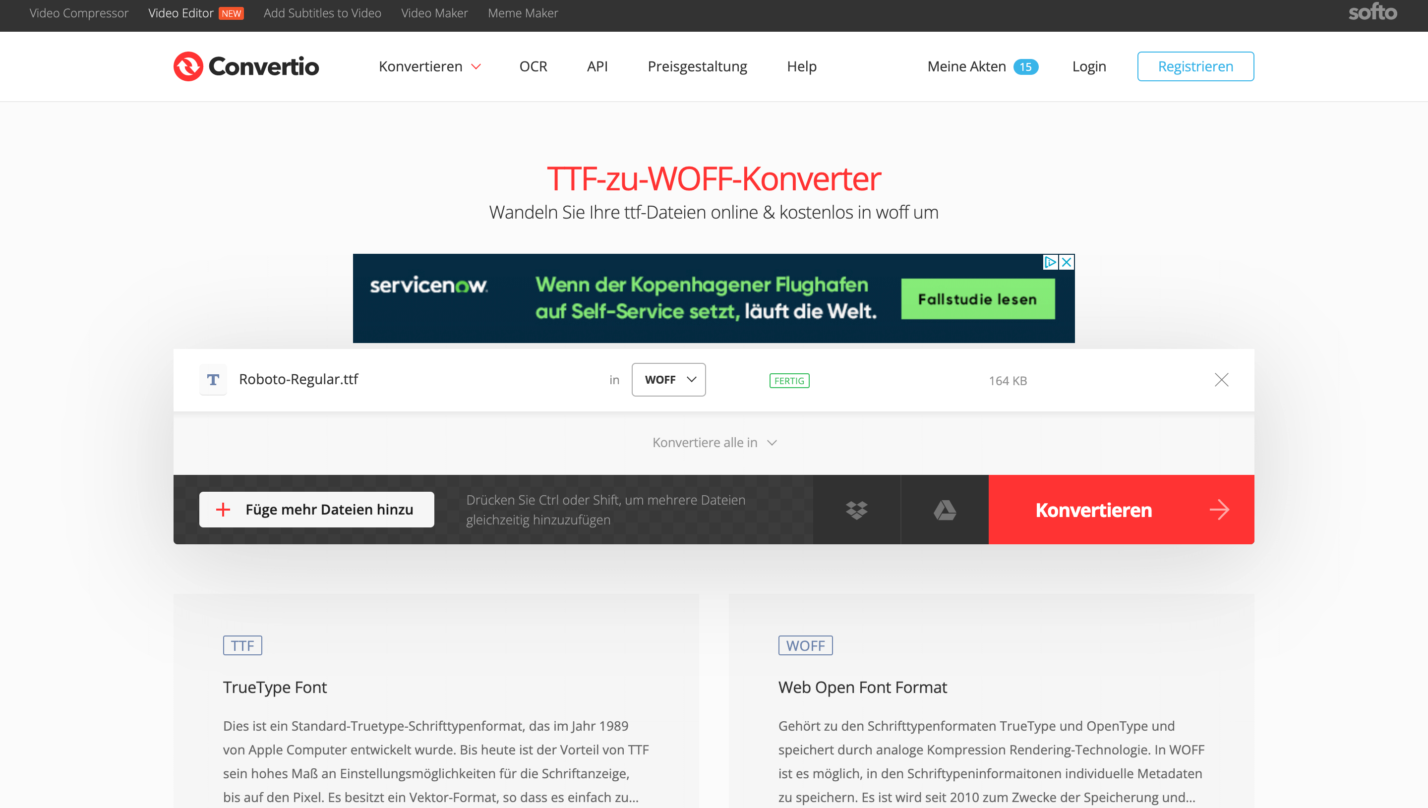 Nutze Convertio um die TTF Datei in eine WOFF Datei umzuwandeln